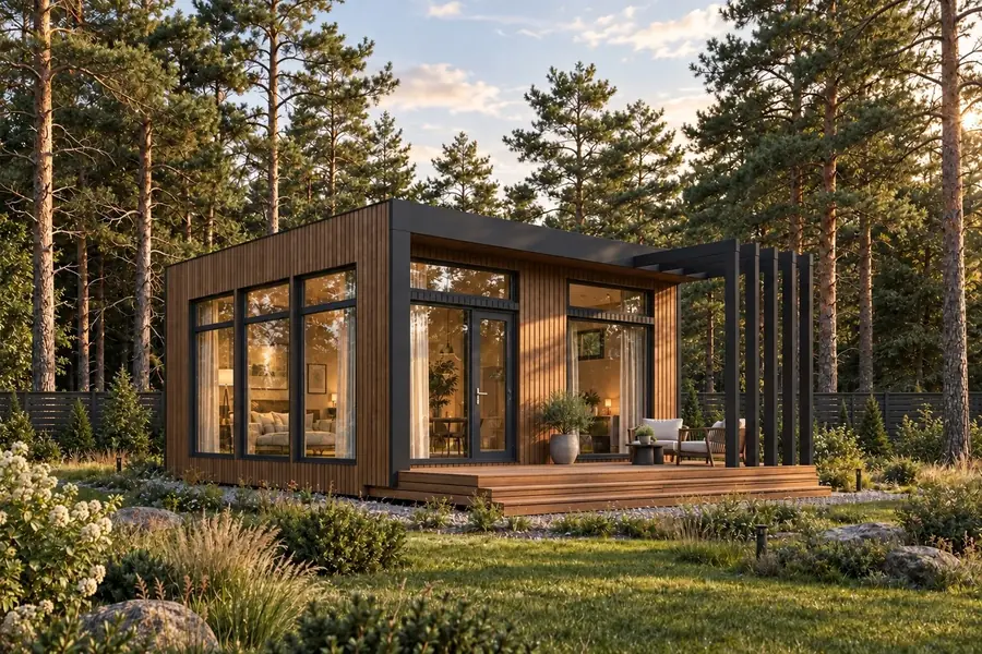 Проект модульной бани 6 x 6 м, 44 м² с террасой