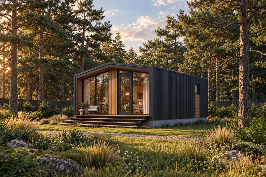 Проект модульной бани 4,8 x 4,9 м, 21 м² c прямой крышей
