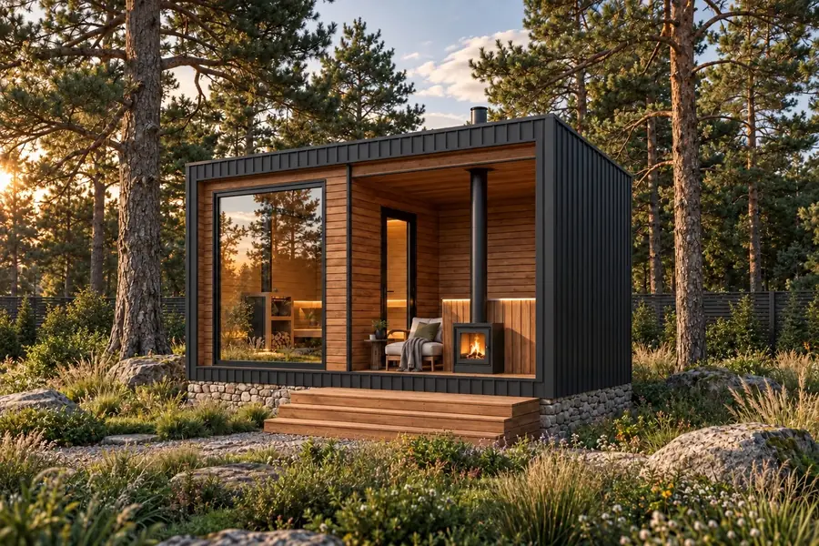 Проект модульной бани 2,5 x 5 м, 9 м² c террасой