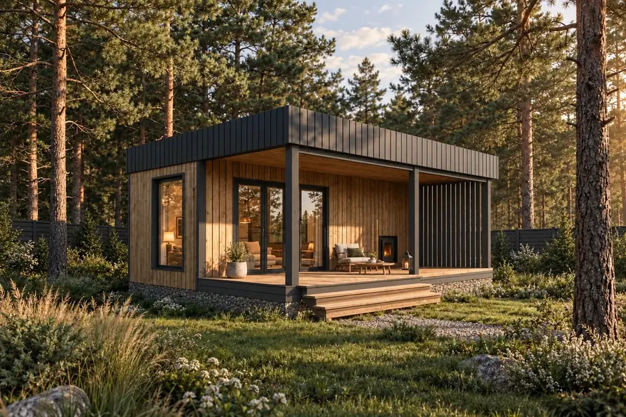 Проект модульной бани 7 x 6 м, 36 м² с террасой